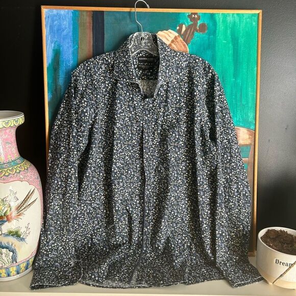 Men's Navy Floral Casual Button Down Shirt 43-17/34 - Picture 1 of 16
